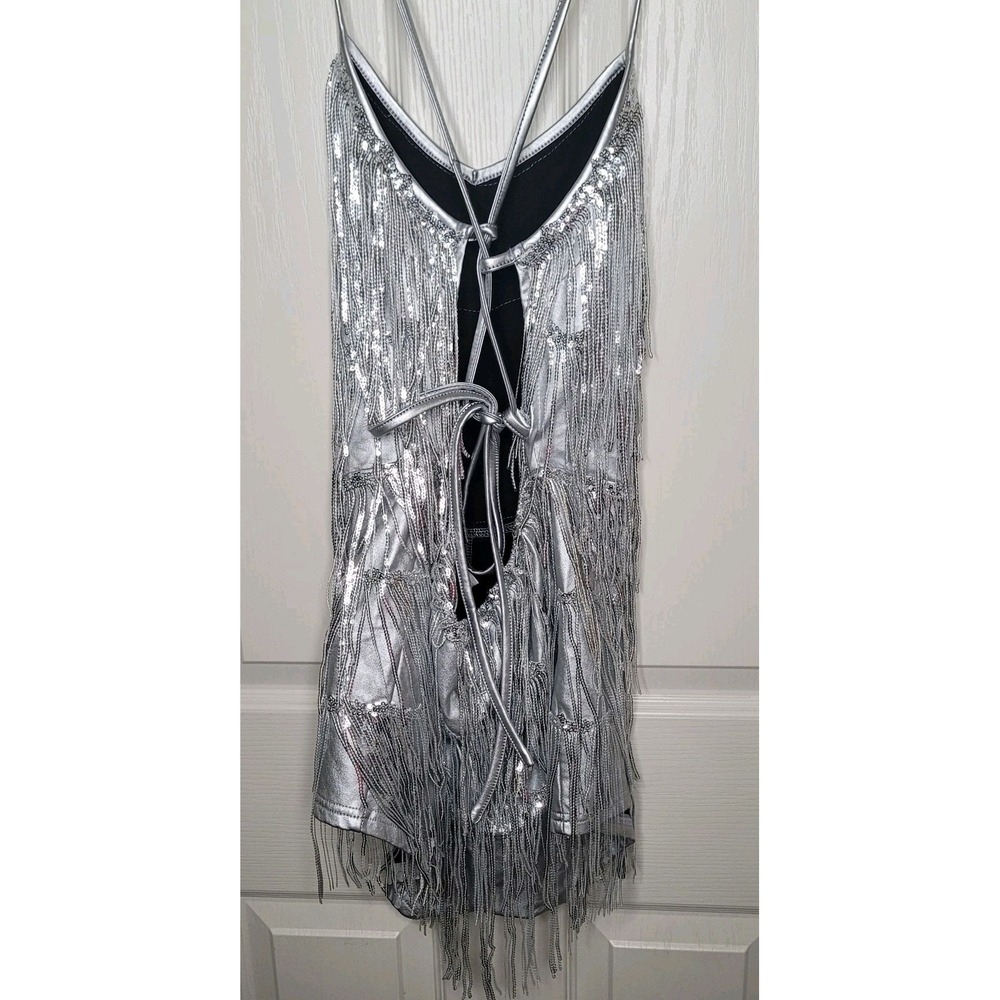 Silver Fringe Lace-Up Back Romper Women's Sz M Vegas Party Go-Go Burlesque Eras - Picture 2 of 13